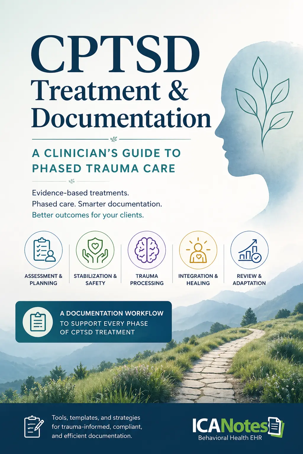 CPTSD treatment and documentation clinician guide cover showing phased trauma care workflow