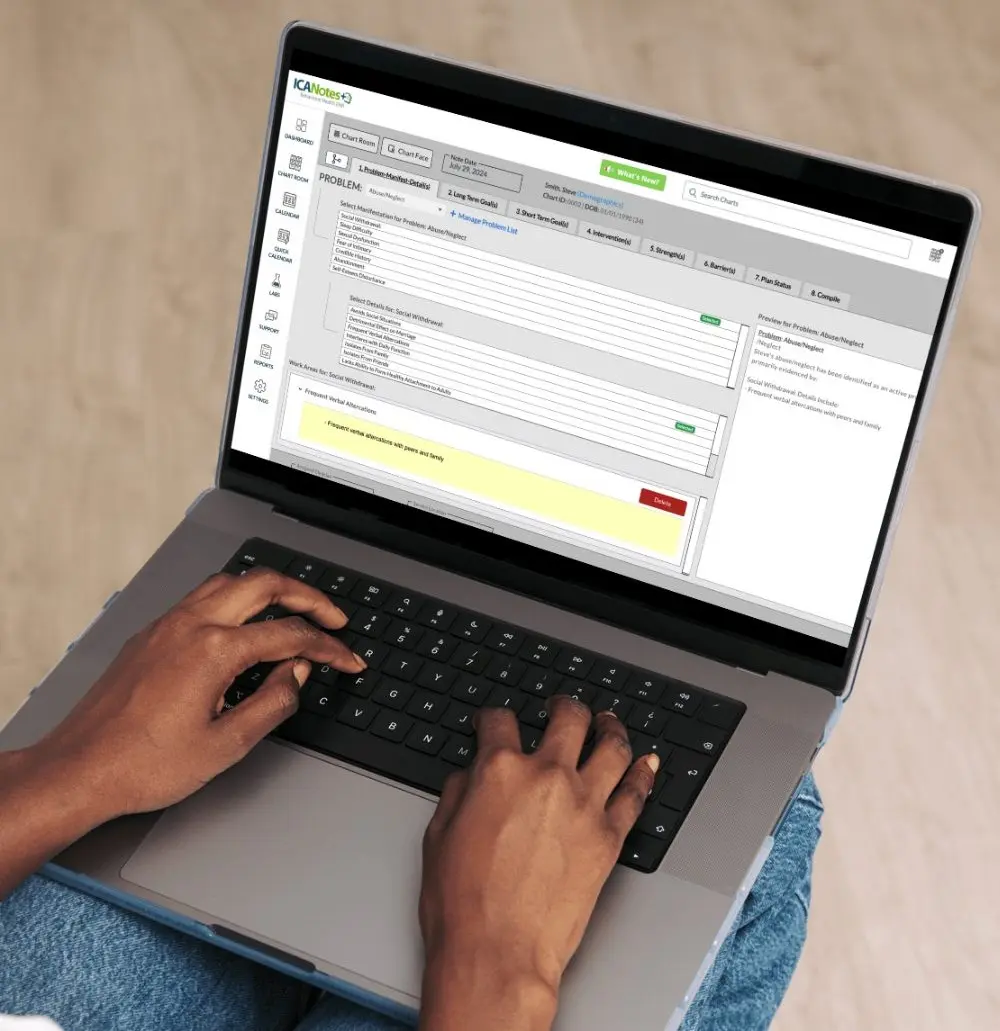 Mental health treatment planning software showing diagnosis-driven goals and interventions in ICANotes