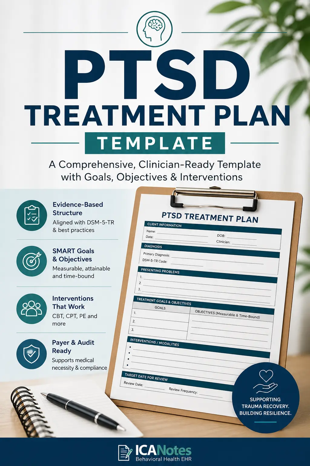 PTSD treatment plan template with SMART goals, objectives, and interventions for clinicians