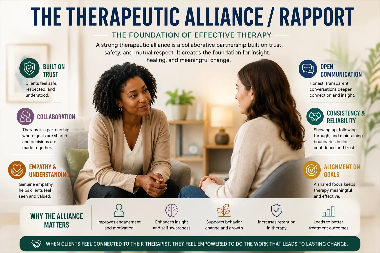 Infographic illustrating the therapeutic alliance in counseling, including trust, empathy, collaboration, communication, and rapport-building skills
