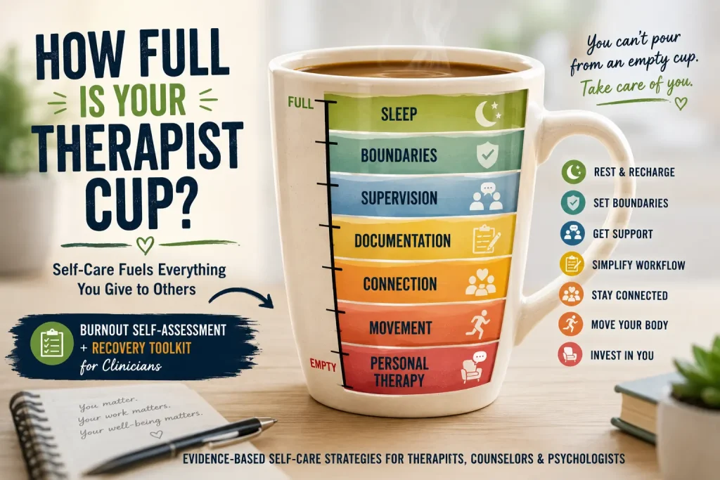 Illustration of a therapist self-care cup showing key burnout prevention factors including sleep, boundaries, supervision, documentation, connection, movement, and personal therapy.