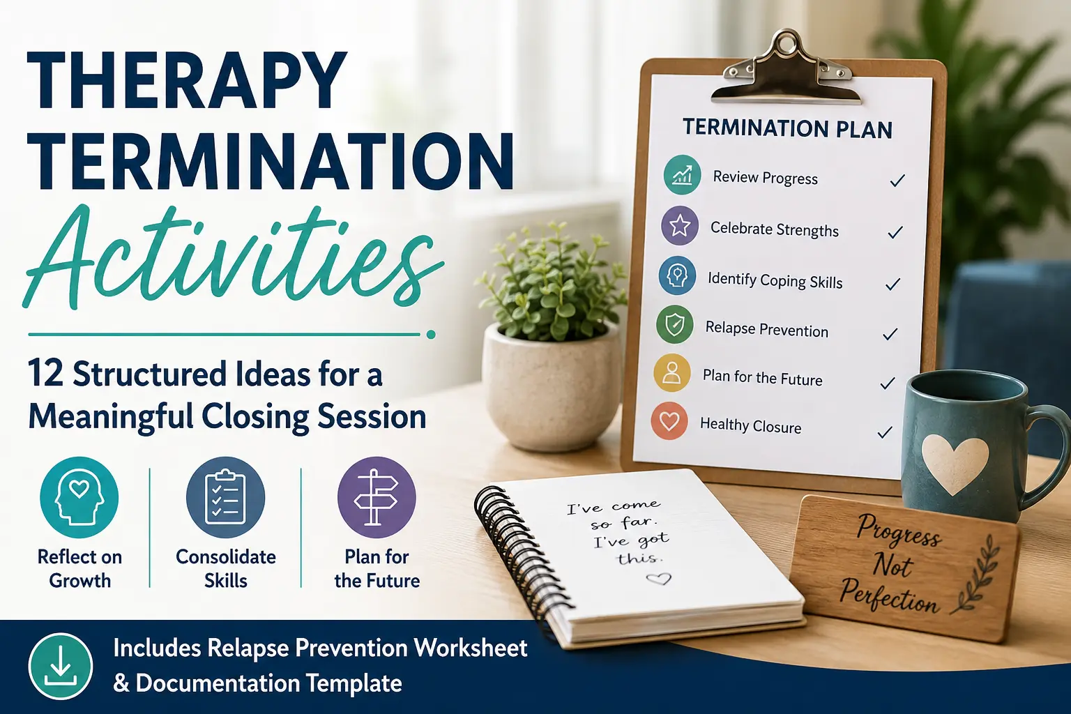 Therapist termination planning worksheet and counseling closure activities used during a therapy termination session to review progress, reinforce coping skills, and create a relapse prevention plan.