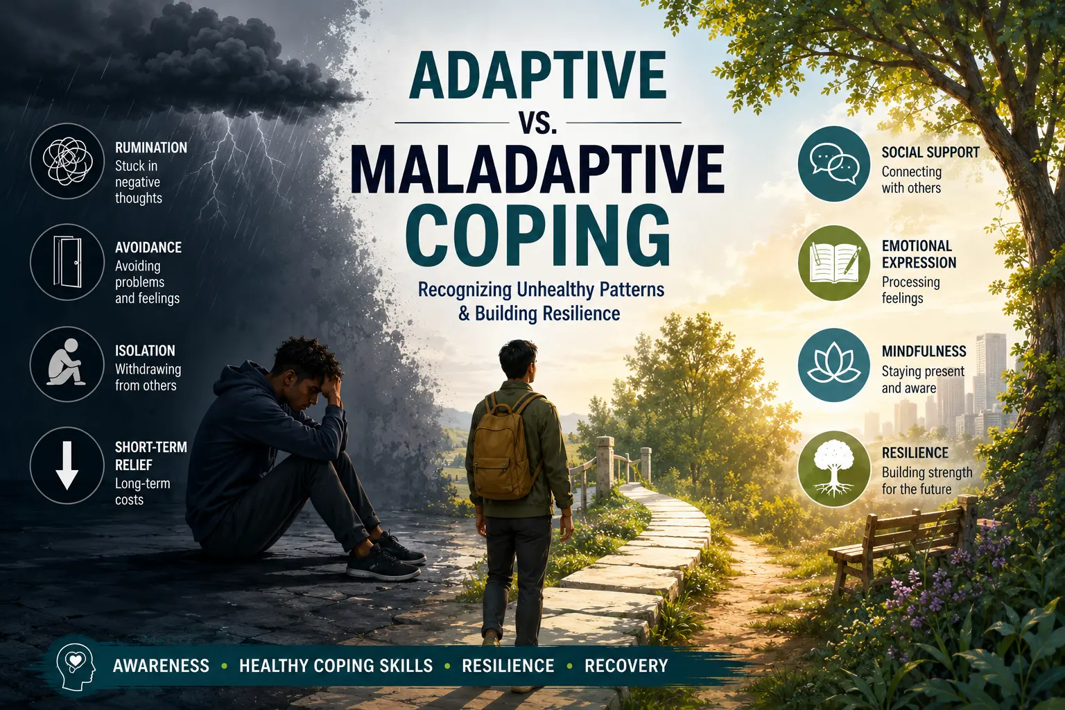Illustration showing adaptive versus maladaptive coping strategies, depicting a person transitioning from isolation, avoidance, and rumination toward social support, mindfulness, emotional expression, and resilience.