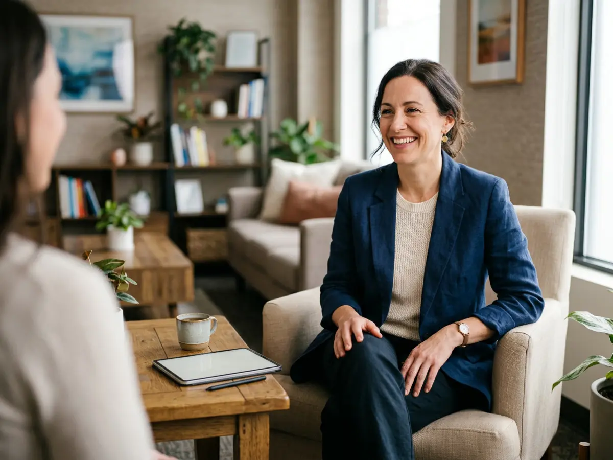 Behavioral health clinician relaxed and fully present in their office, with documentation handled by AI clinical notes