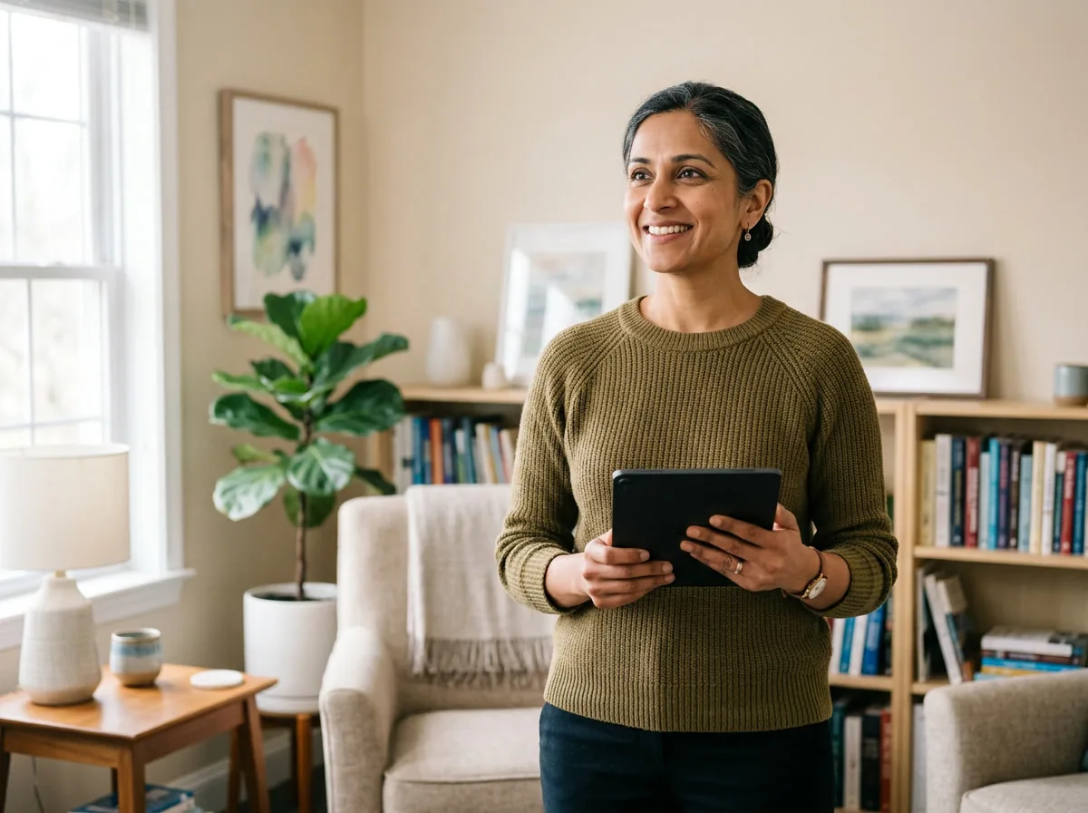 Behavioral health clinician managing her practice on an AI-powered EHR from a tablet
