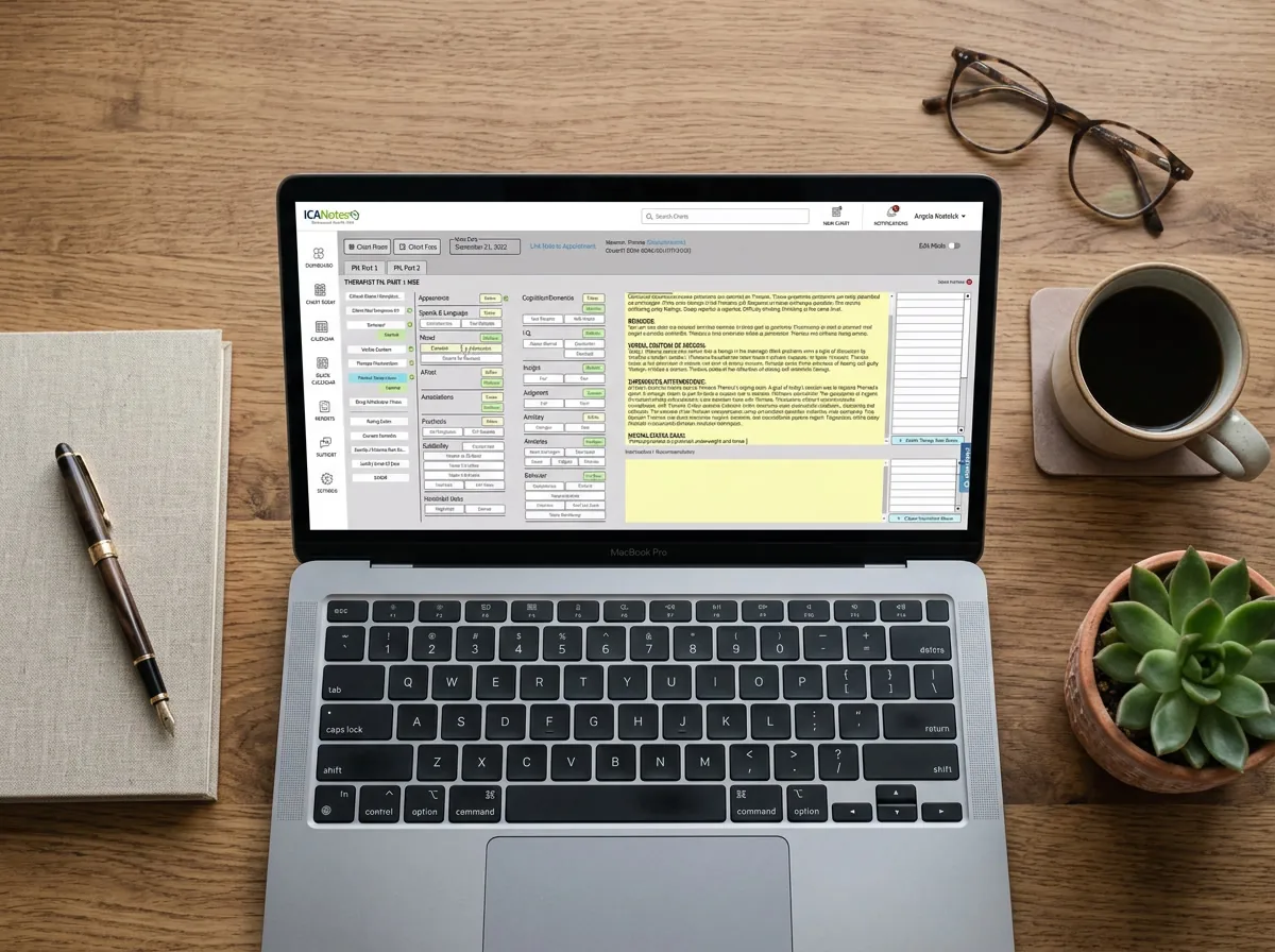 Overhead view of the ICANotes EHR progress note interface on a laptop at a clinician desk