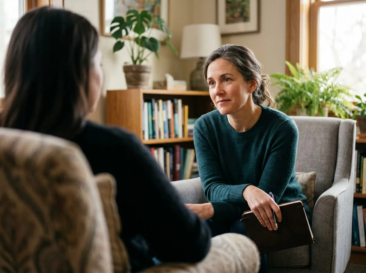 Behavioral health clinician fully focused on a client during a therapy session