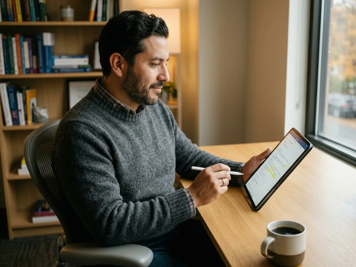 Behavioral health clinician reviewing and finalizing an AI-generated therapy note on a tablet