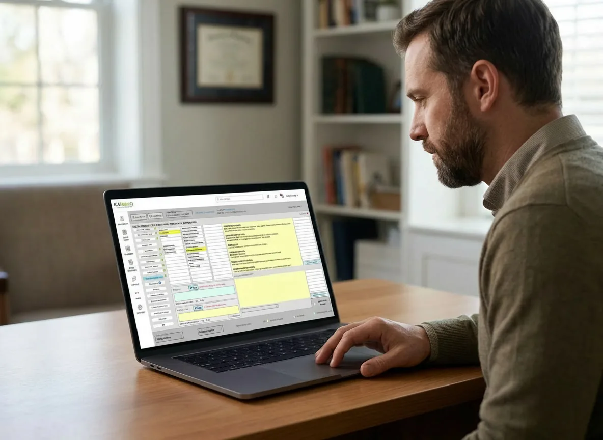 Clinician reviewing an AI-generated therapy note inside the ICANotes EHR on a laptop