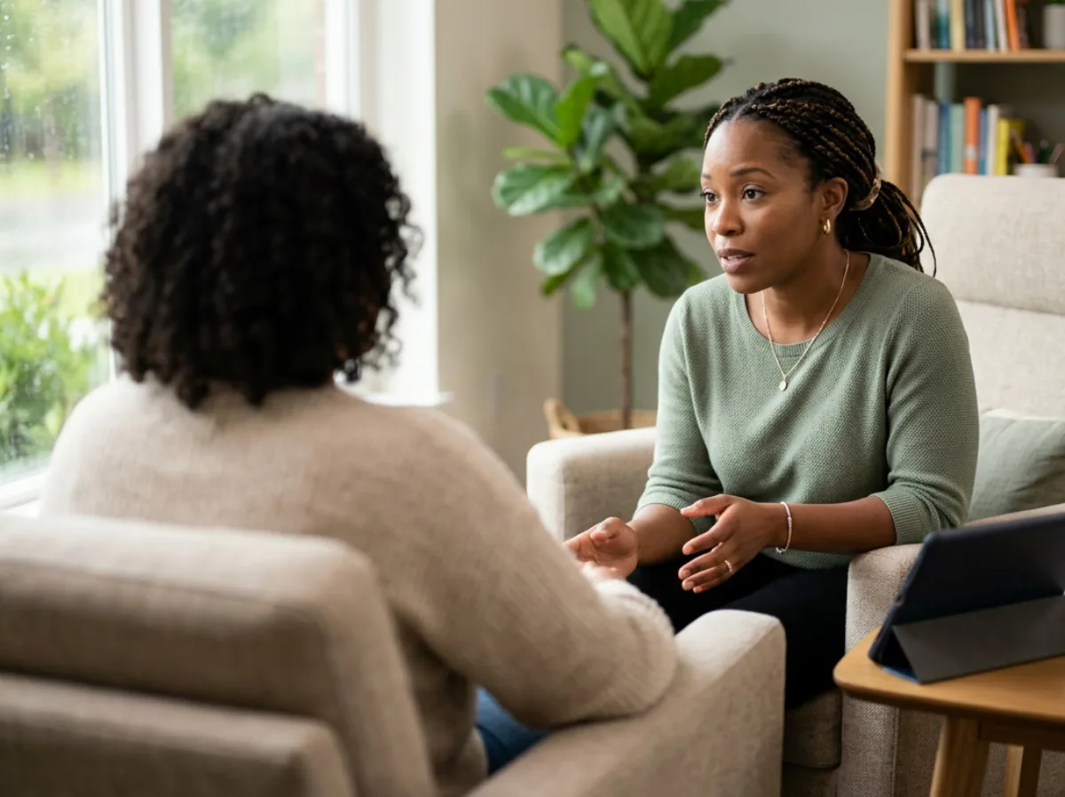 Therapist in a live session while an AI therapy scribe captures the conversation as structured clinical notes