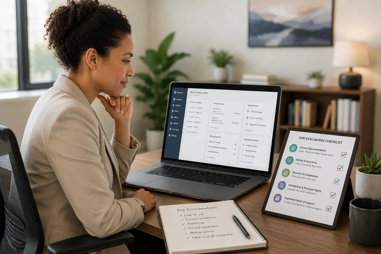 Behavioral health clinician reviewing an EHR evaluation checklist before starting a free trial