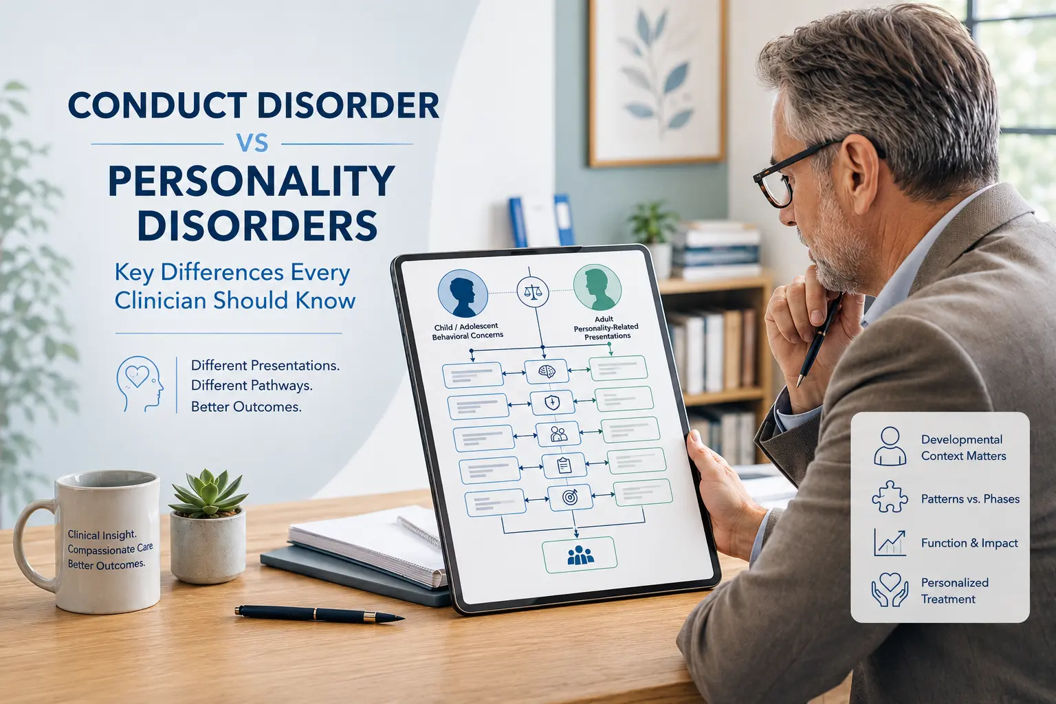 Mature male mental health clinician reviewing a diagnostic pathway comparing conduct disorder and personality disorders.