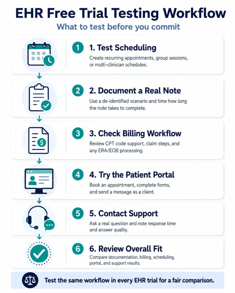 EHR free trial testing workflow showing steps to test scheduling, documentation, billing, patient portal, support, and overall fit