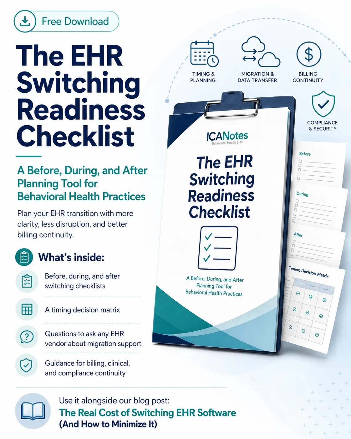 Promotional image for the EHR Switching Readiness Checklist, a free planning tool for behavioral health practices switching EHR software.