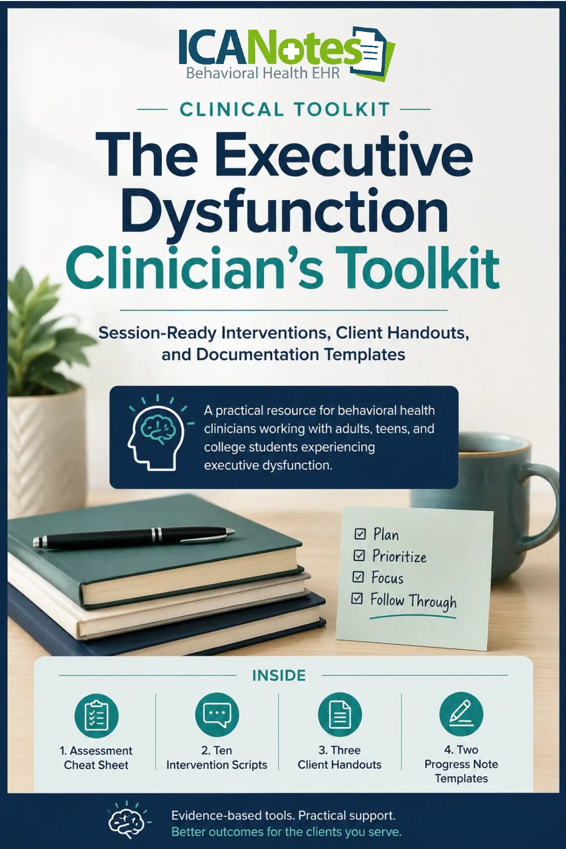 Executive Dysfunction Clinician's Toolkit cover featuring assessment tools, intervention scripts, client handouts, and progress note templates.