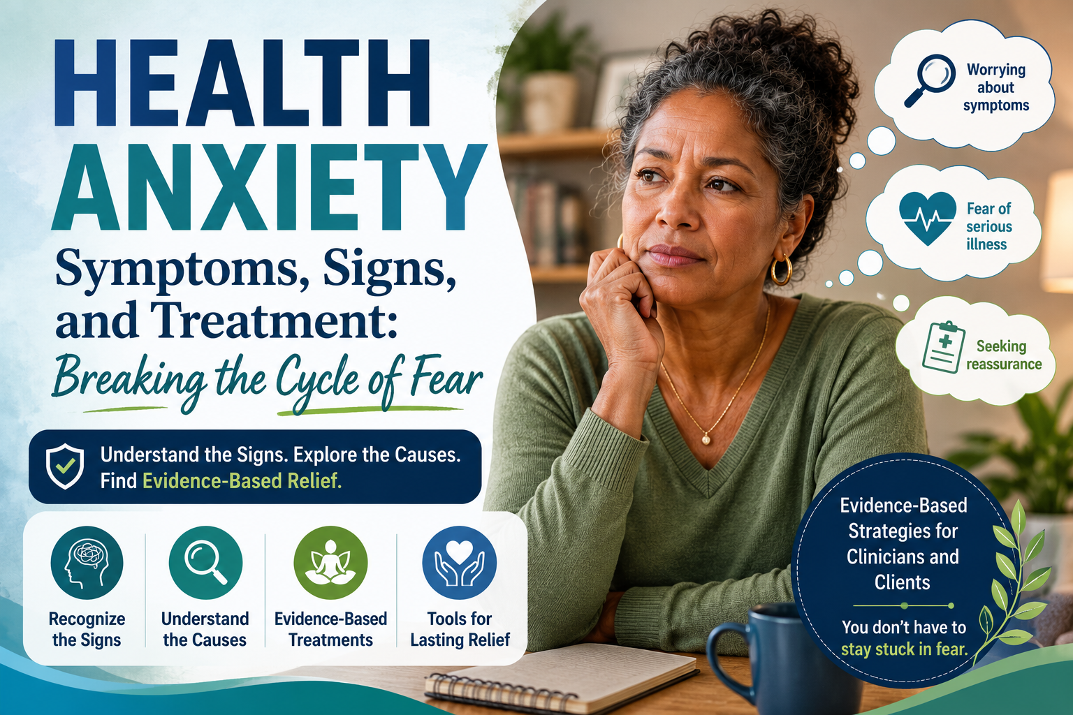 Man experiencing health anxiety with infographic showing the health anxiety cycle, symptoms, signs, and evidence-based treatment approaches including CBT and mindfulness.
