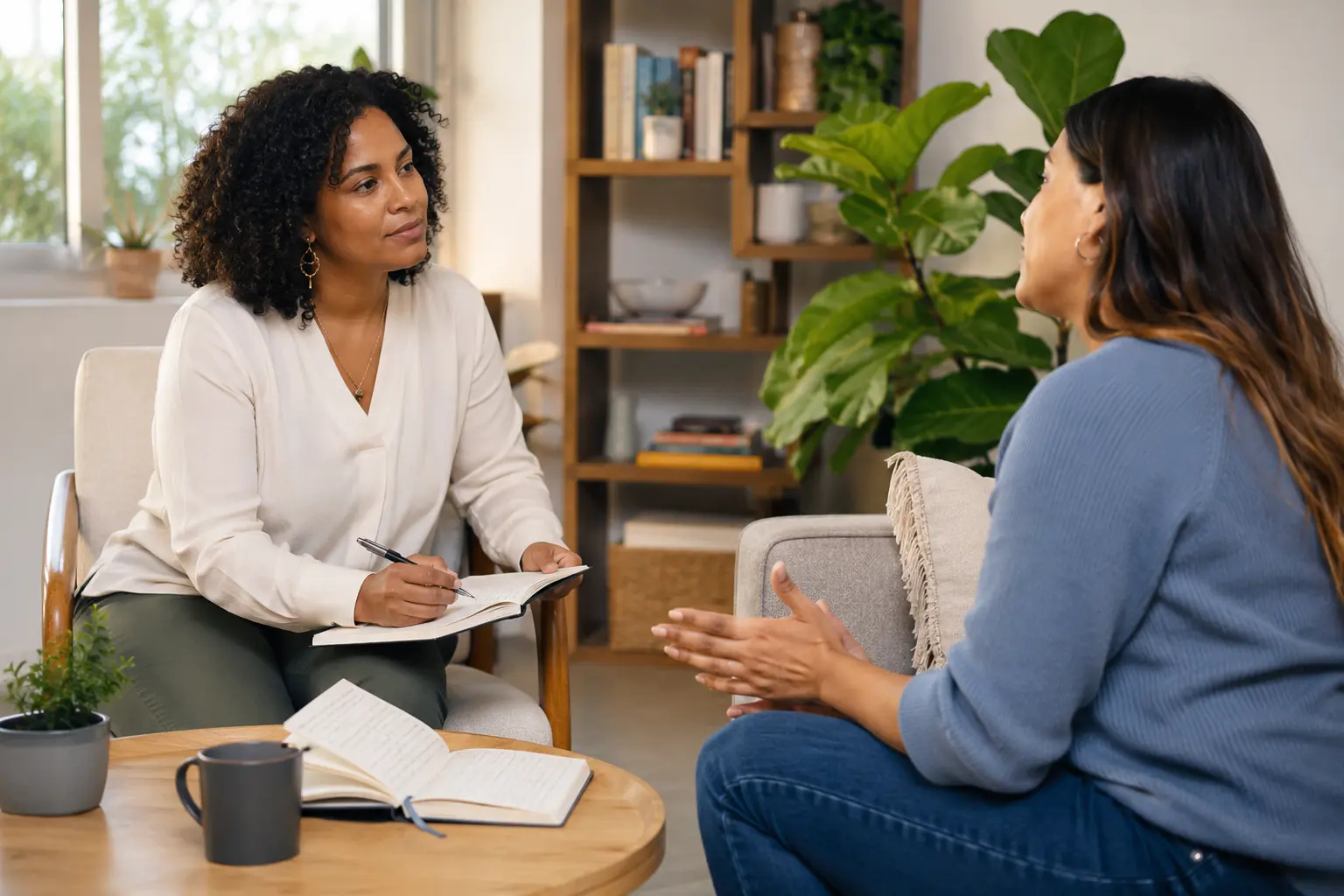 Therapist using narrative therapy techniques with a client during a trauma-informed counseling session