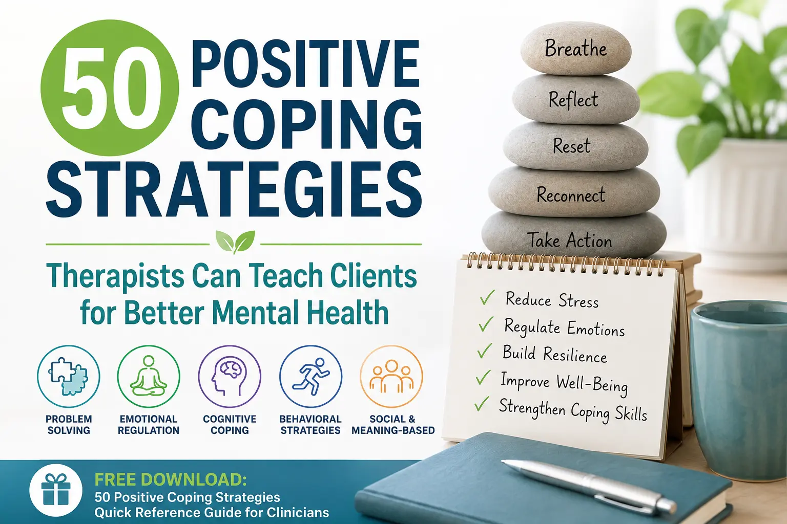 Illustration representing 50 positive coping strategies for mental health, including problem-solving, emotional regulation, cognitive, behavioral, and social coping skills taught by therapists.