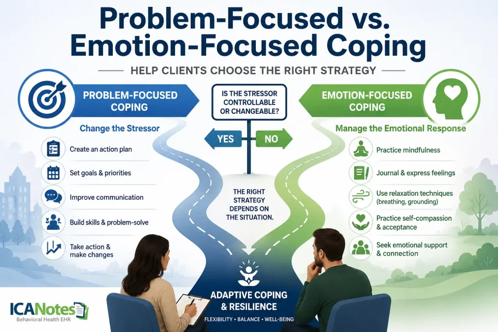 Infographic comparing problem-focused and emotion-focused coping strategies, including examples, interventions, and decision-making guidance for mental health clinicians.