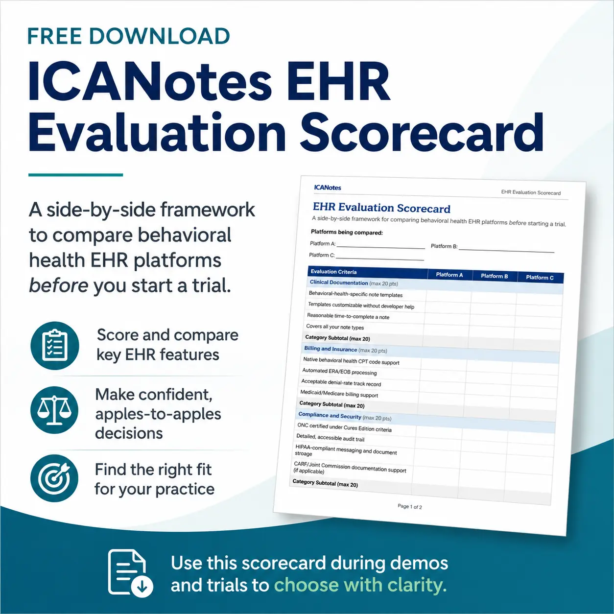 Free behavioral health EHR evaluation scorecard for comparing platforms during demos and trials