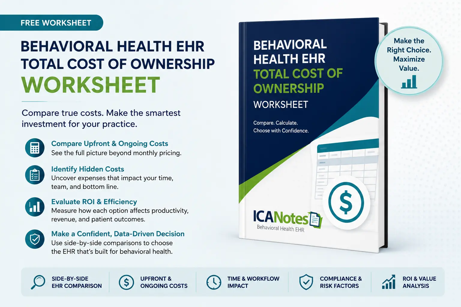 Behavioral Health EHR Total Cost of Ownership Worksheet showing a workbook mockup and cost comparison worksheet for evaluating EHR expenses, ROI, compliance, and workflow impact.