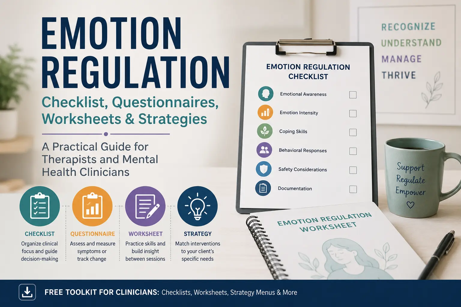 Featured image showing an emotion regulation checklist, worksheets, questionnaires, and strategy tools for mental health clinicians.