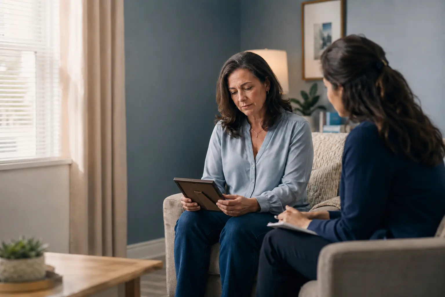 Therapist supporting a woman experiencing anticipatory grief before an expected family loss