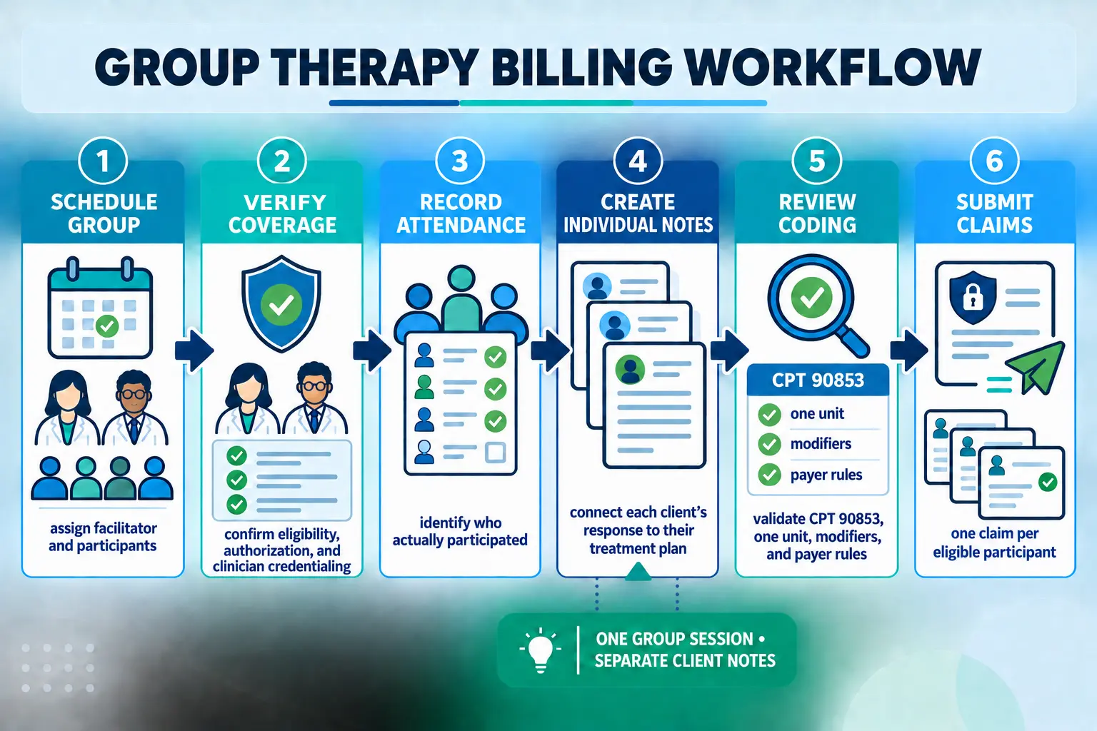 A multi-clinician group therapy billing workflow showing per-participant notes, attendance-to-billing flow, and role-based access across facilitators