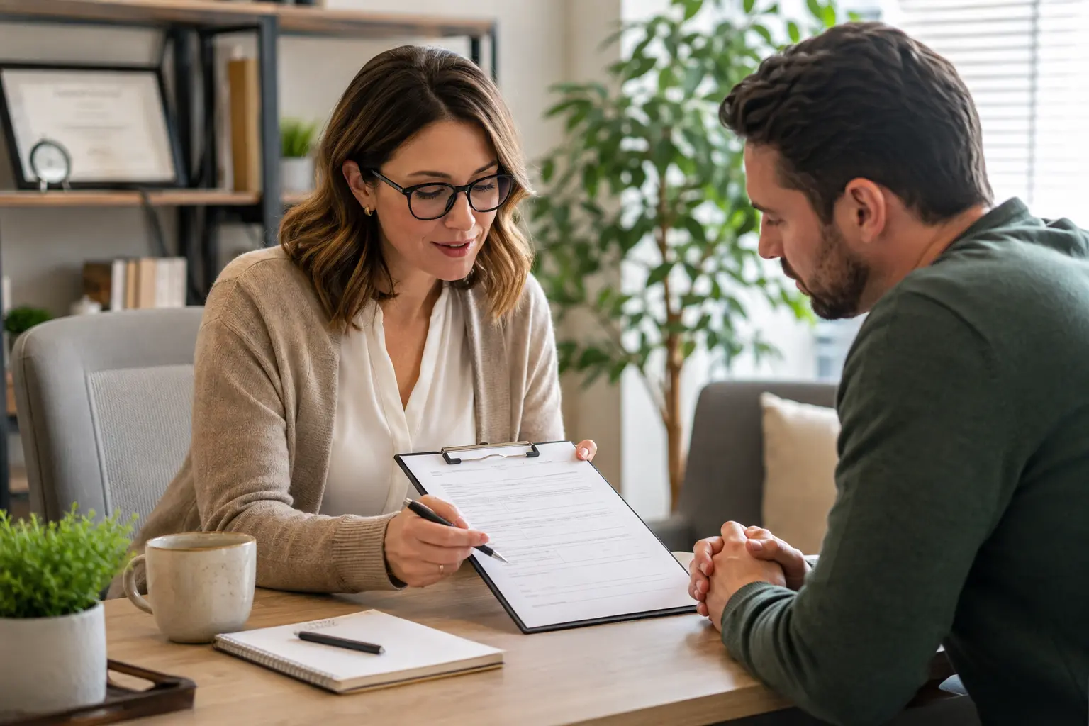 Therapist reviewing a mental health release of information form with a client in a private practice office