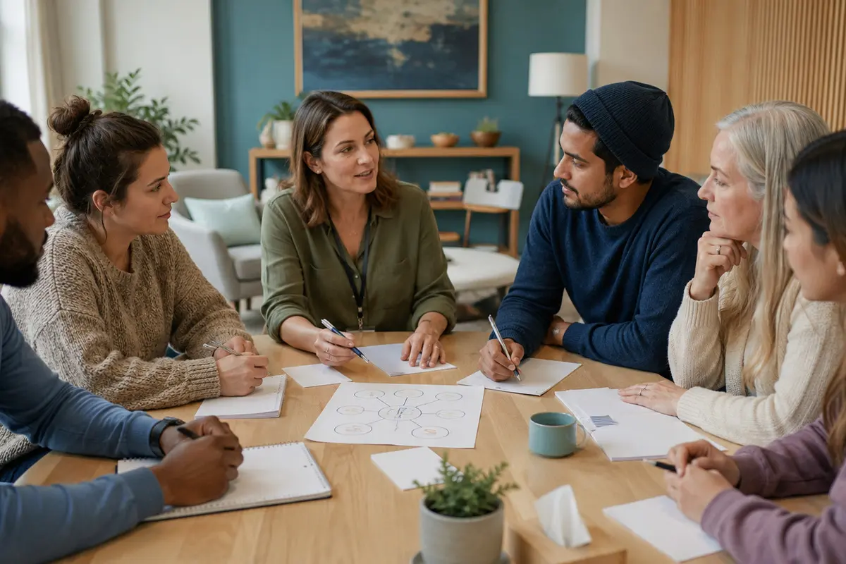 A clinician leads six adults in a recovery group activity using worksheets and a recovery support map.