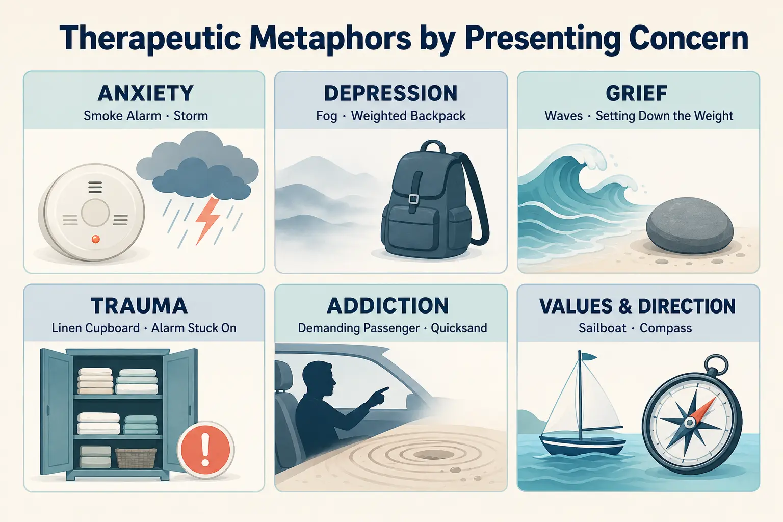 Infographic showing therapeutic metaphors grouped by presenting concern such as anxiety, depression, grief, trauma, and addiction