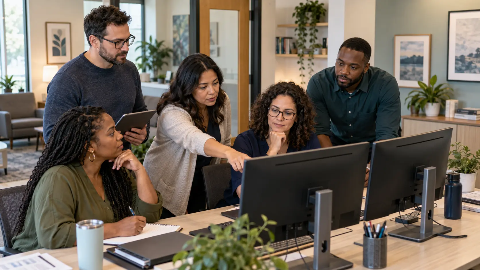 Behavioral health clinicians and a practice administrator collaborating around a shared EHR