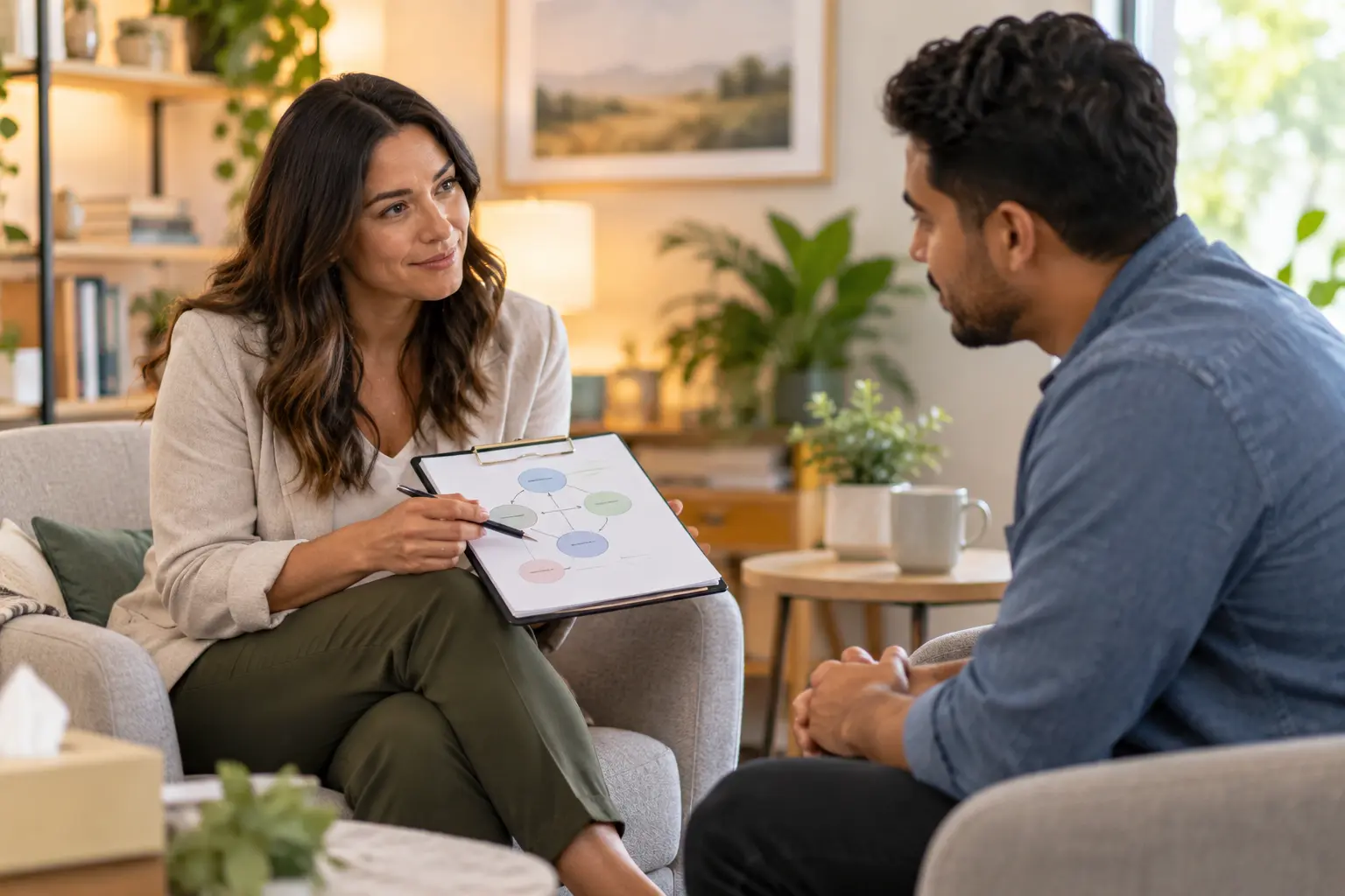 Therapist using a CBT worksheet with an adult client during a behavioral health counseling session