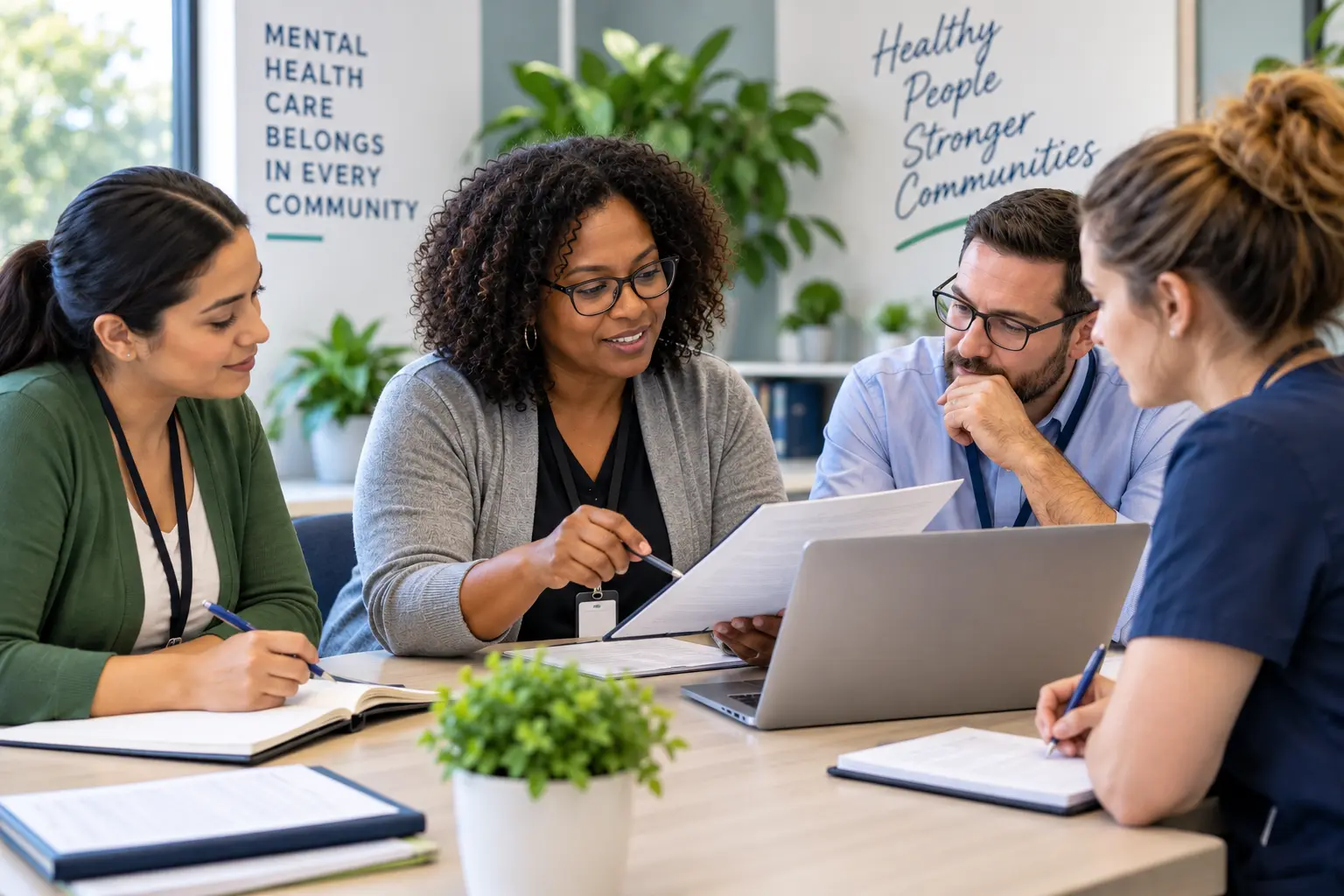Community mental health clinicians reviewing treatment documentation together during a collaborative care team meeting.