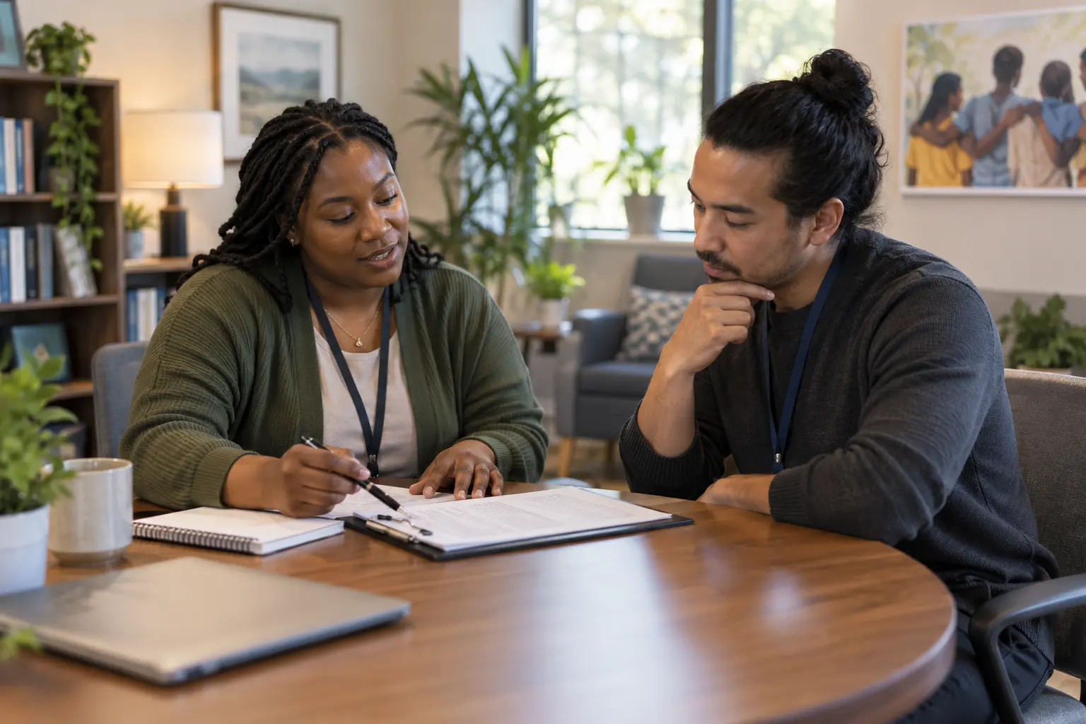 Behavioral health clinician and case manager reviewing a community mental health treatment plan together in a clinical office.