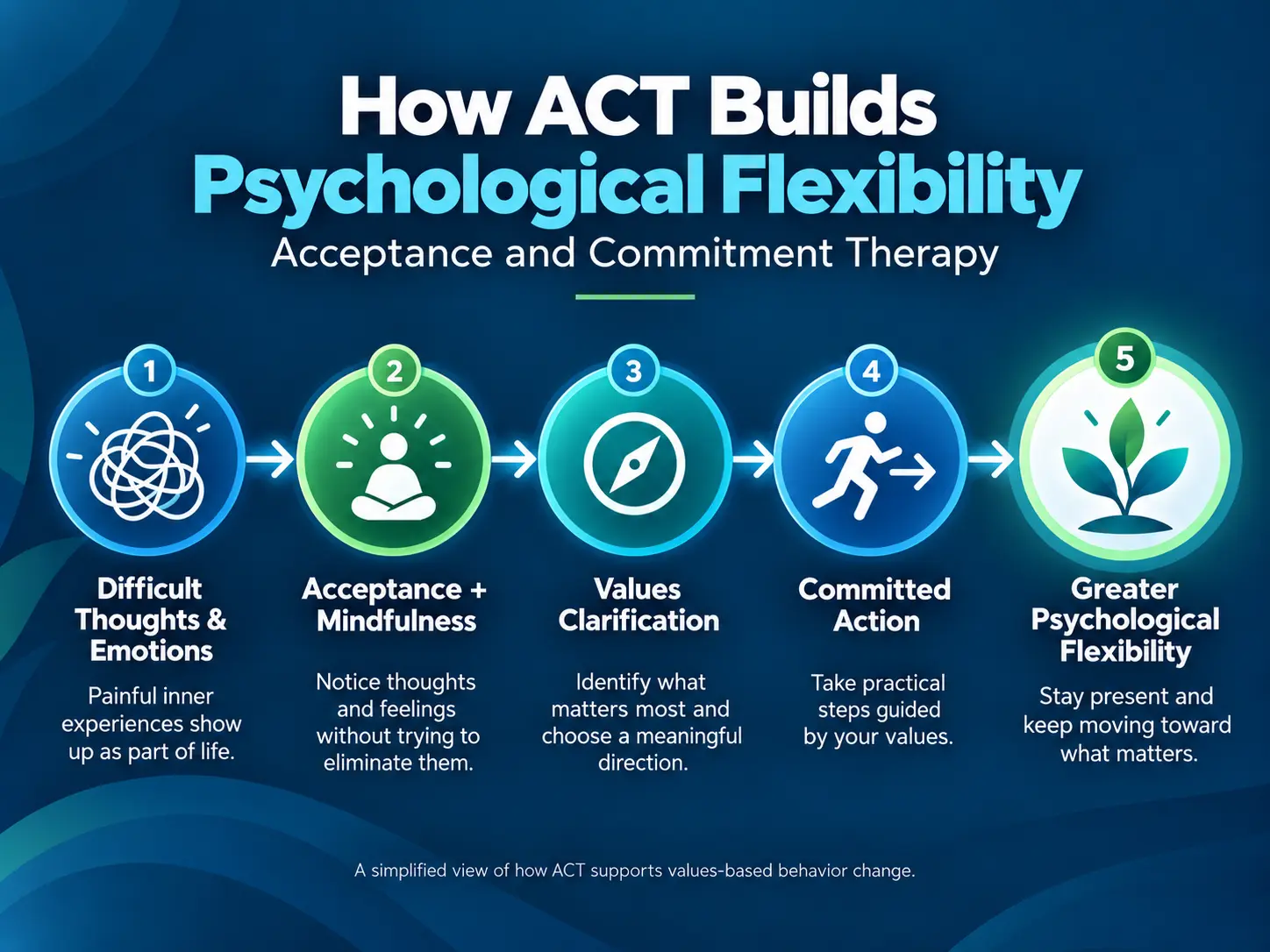 Diagram showing how ACT builds psychological flexibility