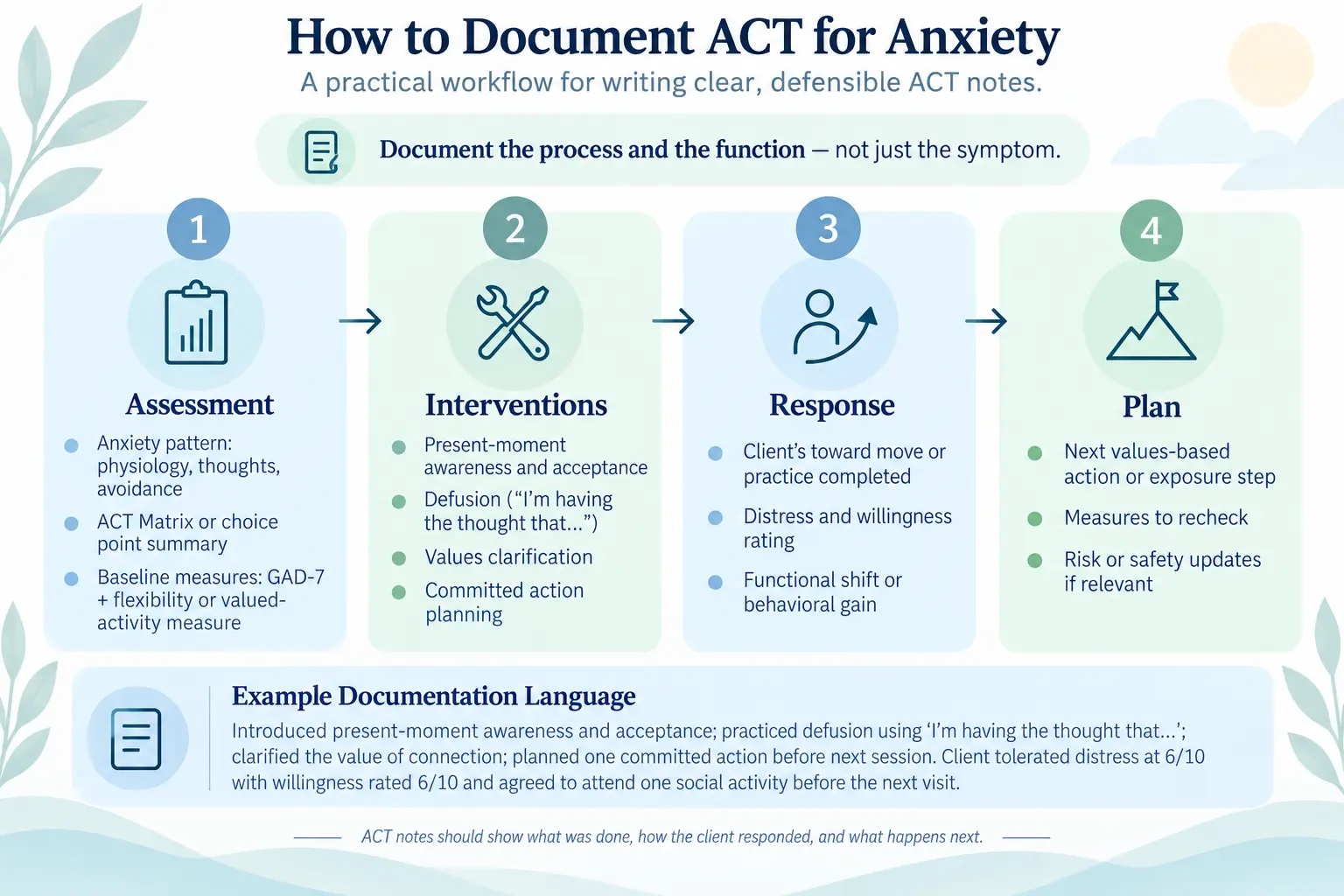 Illustration of how to document ACT for anxiety across assessment, interventions, response, and plan