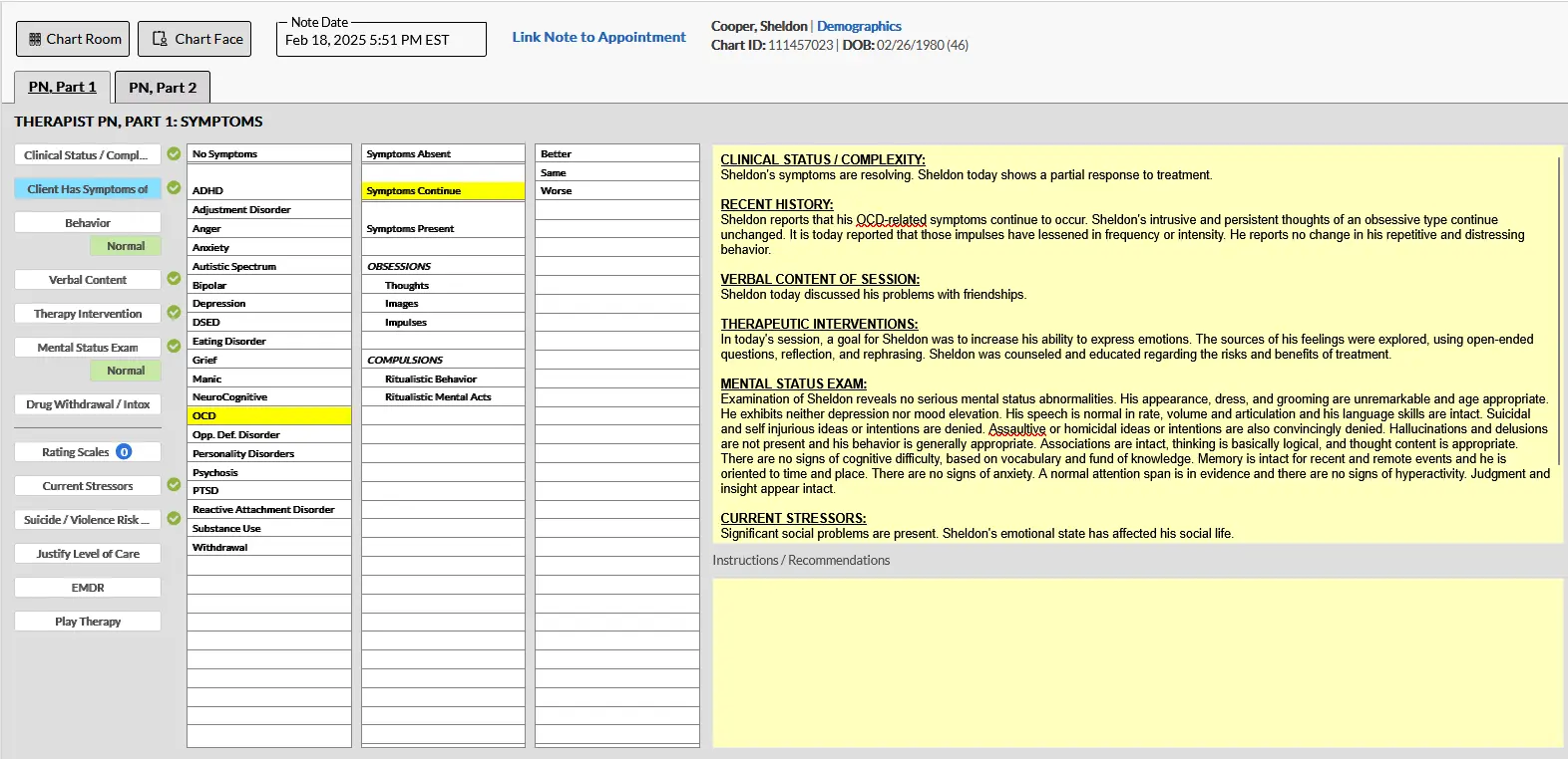 Screenshot of ICANotes menu-driven behavioral health documentation