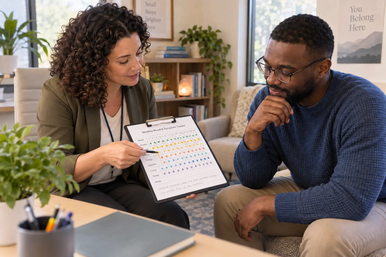 Behavioral health clinician reviewing a monthly mood and symptom tracker with a patient during a counseling session