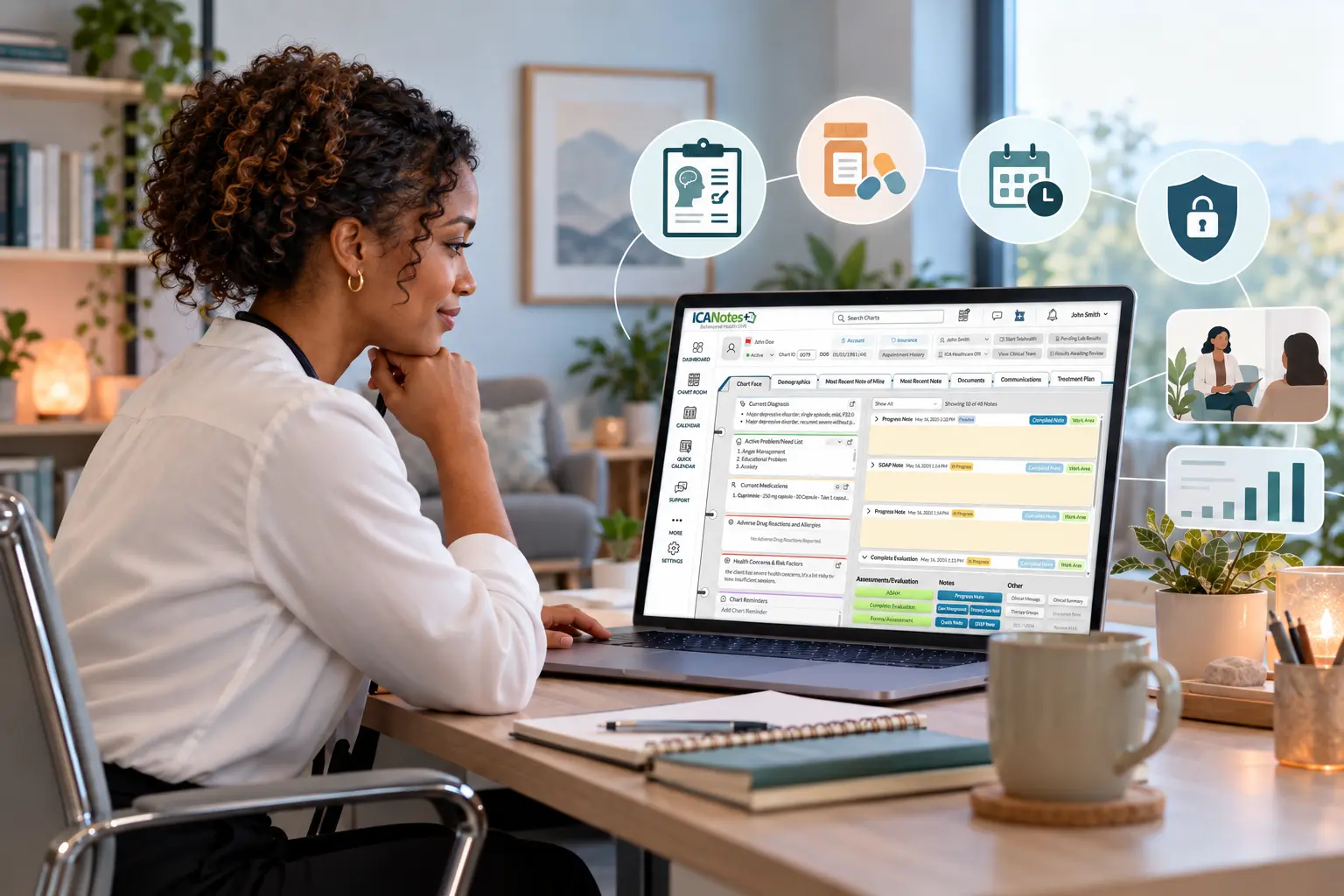 Psychiatric nurse practitioner reviewing an EHR with medication management, scheduling, documentation, and security tools