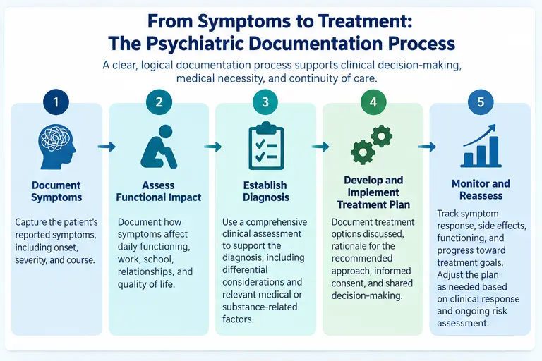 Illustration of the psychiatric documentation clinical reasoning process from symptoms to follow-up