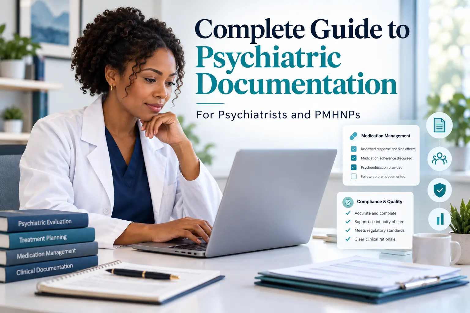 Psychiatric clinician reviewing documentation on a laptop, illustrating a complete guide to psychiatric documentation for psychiatrists and PMHNPs.