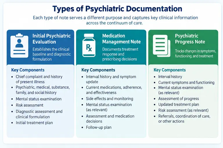 Diagram of the main psychiatric documentation note types and their clinical purposes