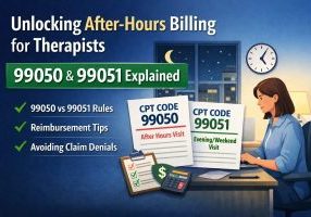 Illustration explaining 99050 and 99051 CPT codes for behavioral health after-hours billing, showing a therapist working in the evening and comparing after-hours visit rules