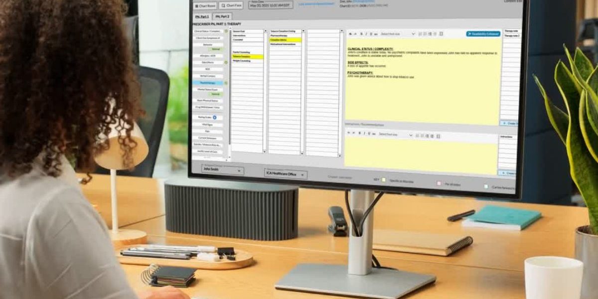The Golden Thread in Mental Health Documentation - 1200x800 Therapist documenting a client session on a laptop, symbolizing the golden thread in mental health documentation that links assessment, treatment planning, and progress notes.