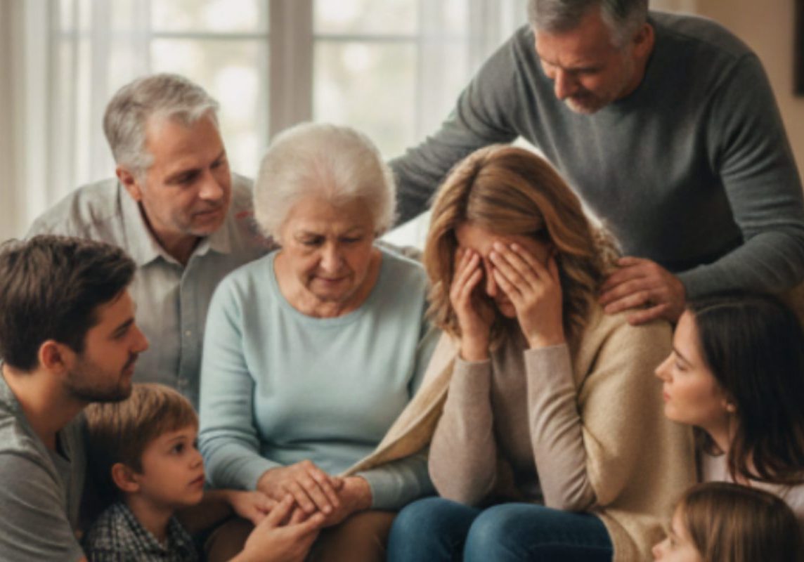 Concerned family, including parents, adult children, and grandchildren, gathered around a woman in distress, illustrating the impact of addiction on every generation.