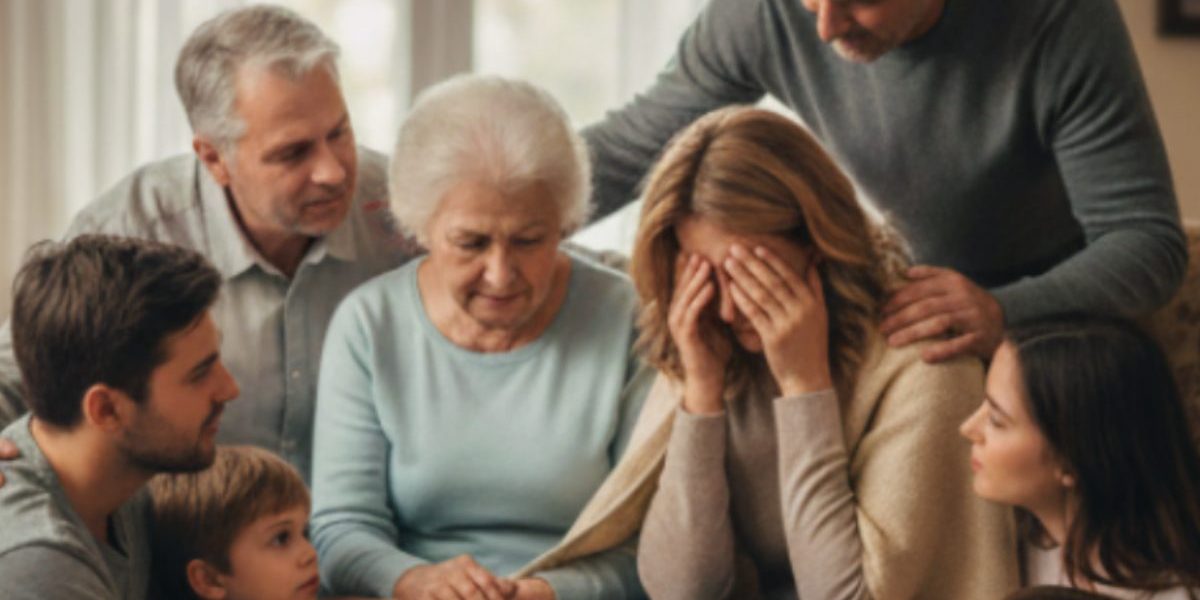 Concerned family, including parents, adult children, and grandchildren, gathered around a woman in distress, illustrating the impact of addiction on every generation.