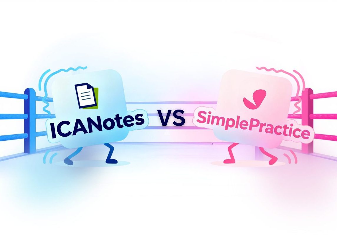 Illustration of ICANotes and SimplePractice logos facing off in a boxing ring, symbolizing an EHR comparison for behavioral health clinicians.
