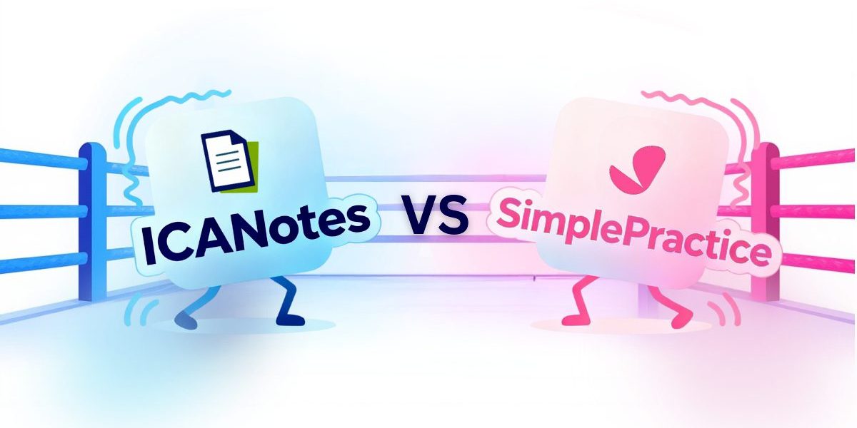 Illustration of ICANotes and SimplePractice logos facing off in a boxing ring, symbolizing an EHR comparison for behavioral health clinicians.