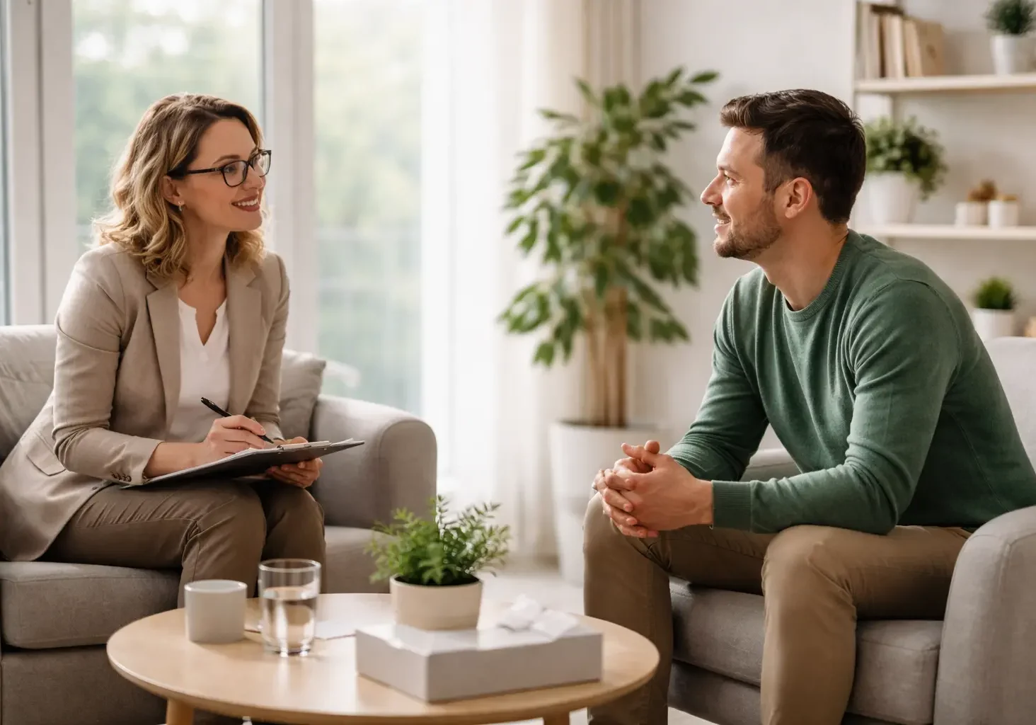 Therapist using acceptance and commitment therapy techniques for depression during a counseling session